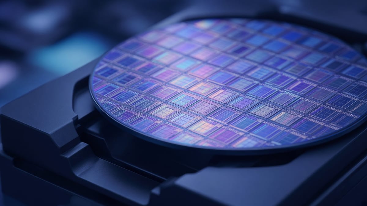 Siliziumwafer mit schillernder Oberfläche in blauem Licht