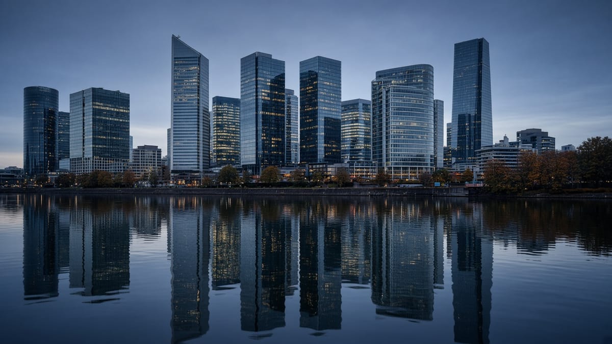Skyline mit Glastürmen, die sich zur blauen Stunde in einem Fluss spiegelt