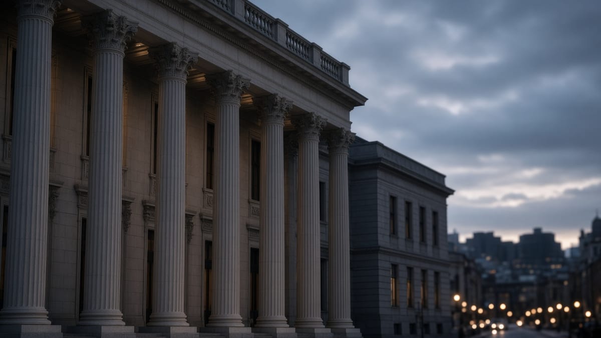Säulenfassade eines klassizistischen Bankgebäudes in der Abenddämmerung, im Hintergrund eine beleuchtete Stadt