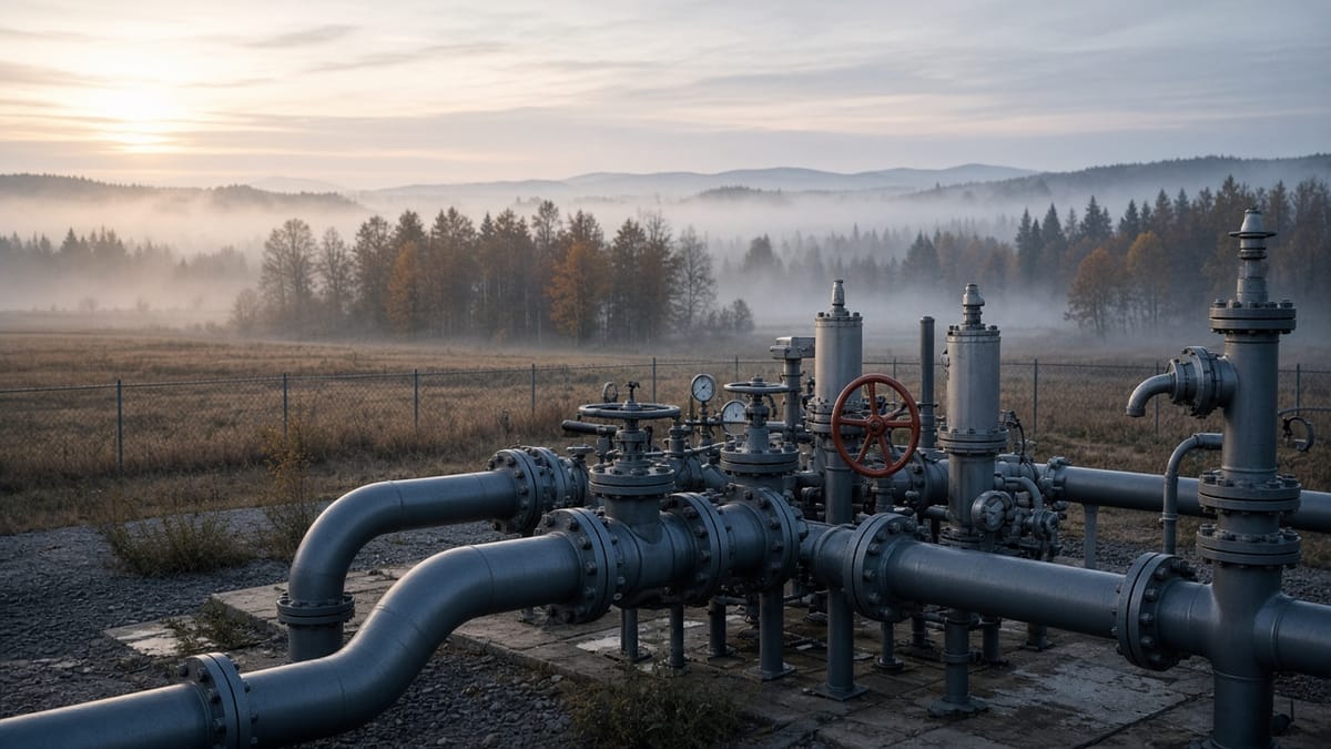 Rohrleitungen und Ventile einer Gasanlage auf einem nebligen Feld im Herbst