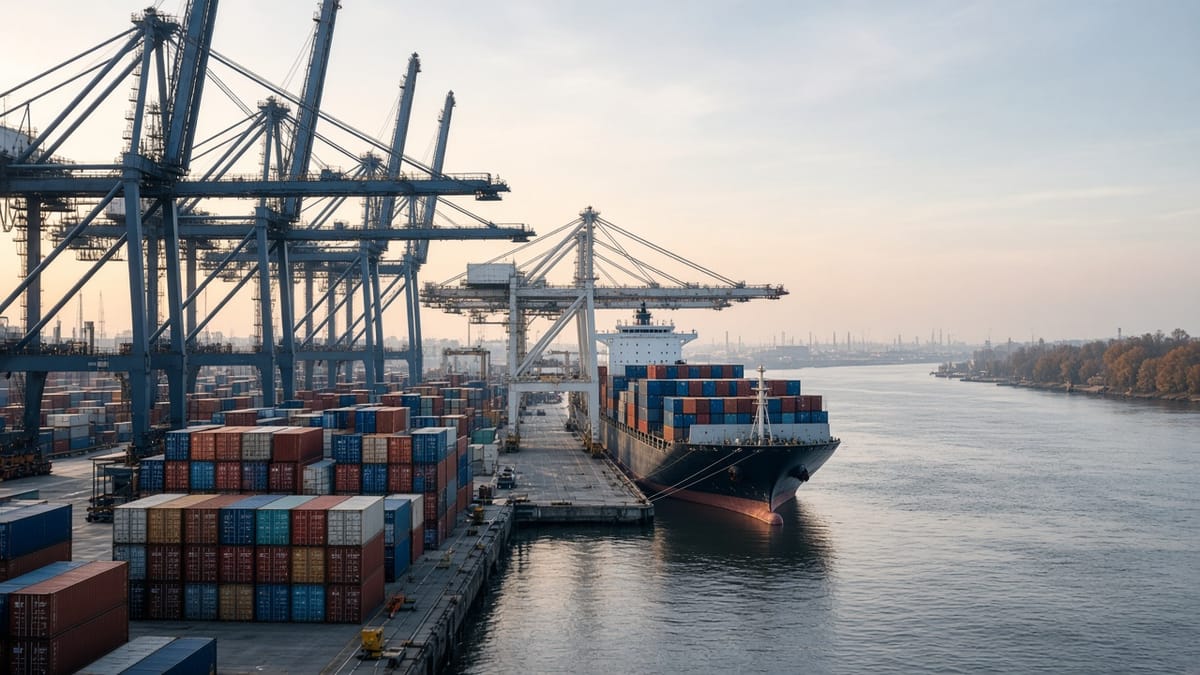 Containerhafen mit Kränen und einem Frachtschiff