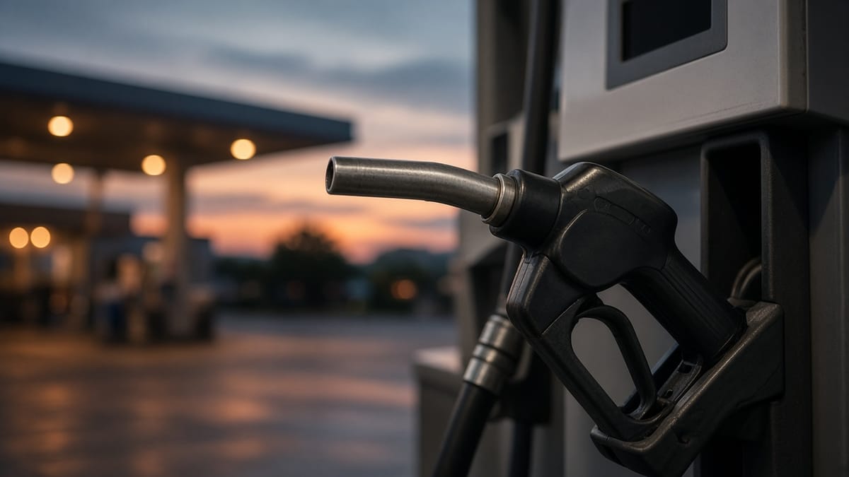 Zapfpistole an einer Tankstelle in der Abenddämmerung