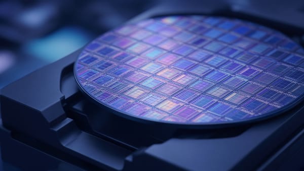 Siliziumwafer mit schillernder Oberfläche in blauem Licht
