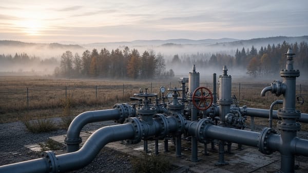 Rohrleitungen und Ventile einer Gasanlage auf einem nebligen Feld im Herbst