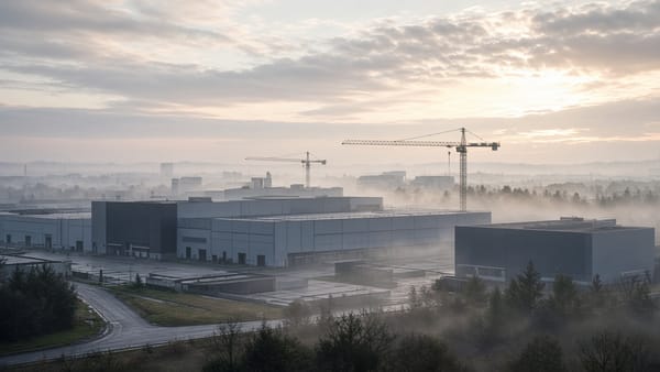 Industriegebiet mit Kränen und Hallen im Morgennebel bei Sonnenaufgang