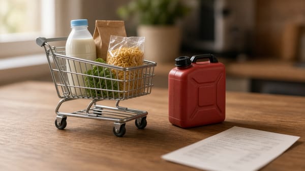 Kleiner Einkaufswagen, roter Benzinkanister und ein Kassenzettel auf einem Tisch