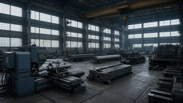Werkhalle eines Maschinenbaubetriebs mit Maschinen und Bauteilen