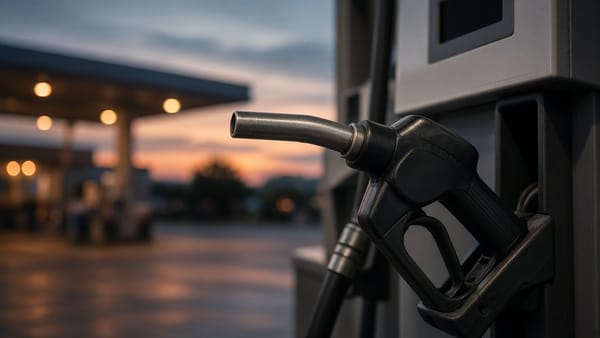Zapfpistole an einer Tankstelle in der Abenddämmerung